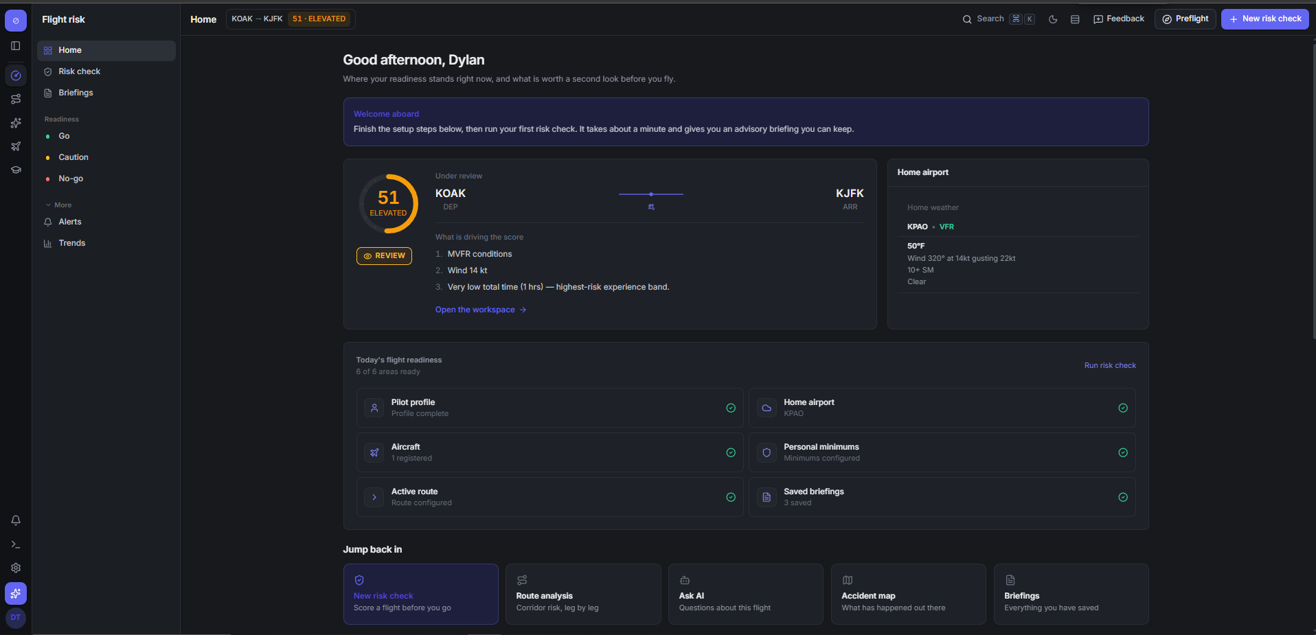 The FlightReady home dashboard: an elevated risk score of 51 for a KOAK to KJFK flight, the factors driving it, six readiness areas all green, and home airport weather